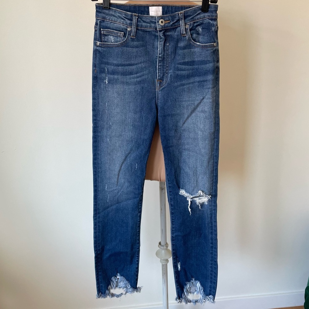 Jonathan Simkhai River Blue Raw Hem Distressed High Rise Straight Jeans EUC 28